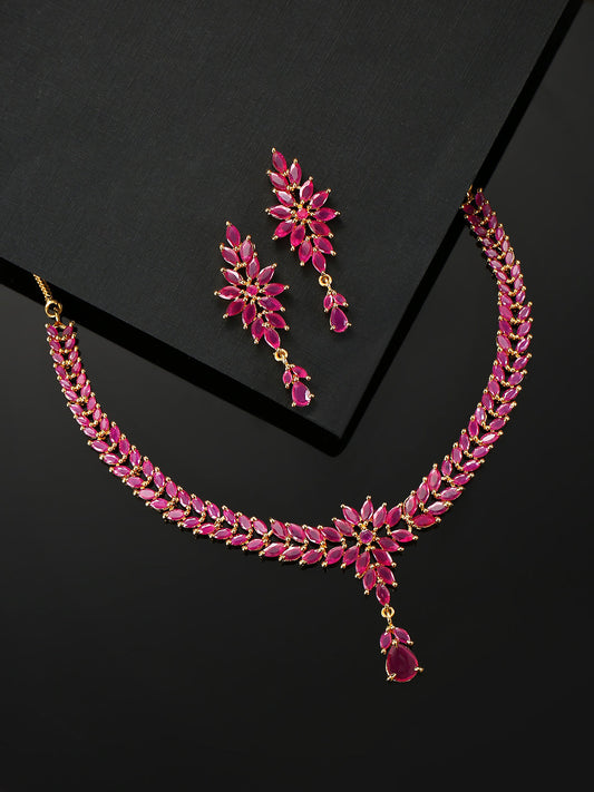 Priyaasi Women Pink Ruby Gold Plated Floral Jewellery Set - Grab2buy