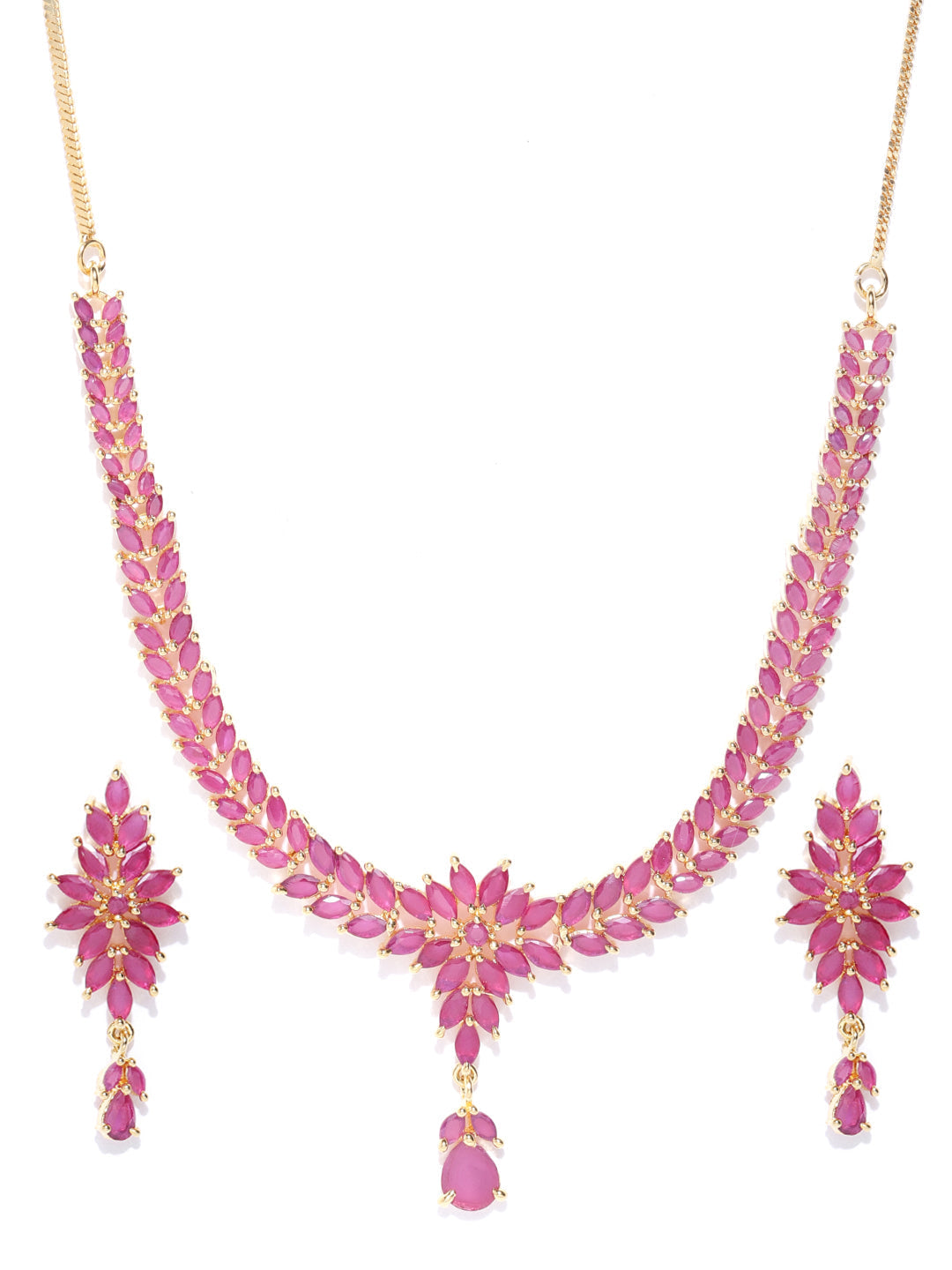 Priyaasi Women Pink Ruby Gold Plated Floral Jewellery Set - Grab2buy