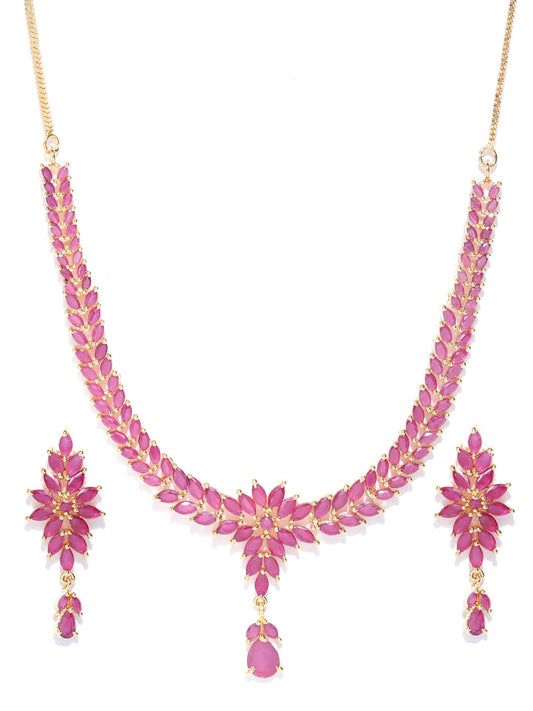 Priyaasi Women Pink Ruby Gold Plated Floral Jewellery Set - Grab2buy