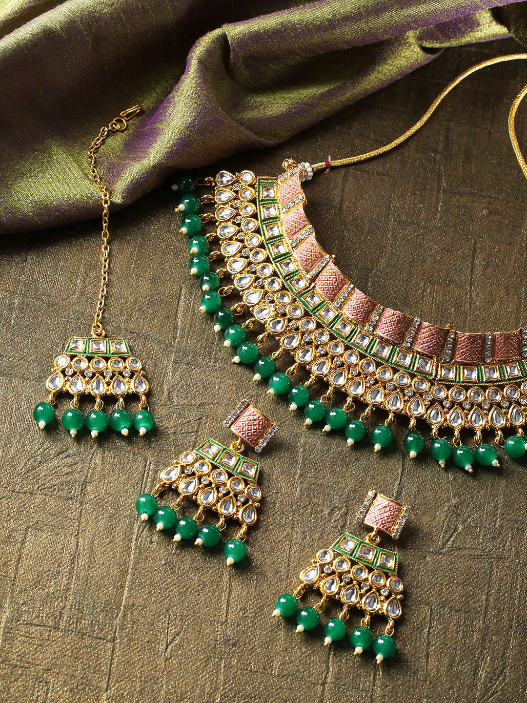 Priyaasi Women Emerald Kundan Gold Plated MaangTika Jewellery Set - Grab2buy