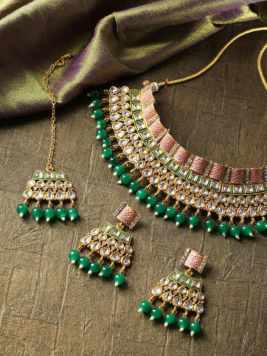 Priyaasi Women Emerald Kundan Gold Plated MaangTika Jewellery Set - Grab2buy