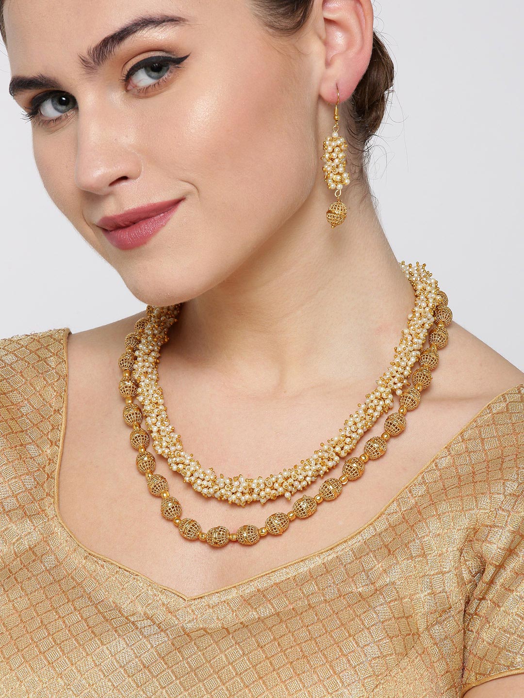 Priyaasi Women White Beads Gold Plated Jewellery Set - Grab2buy