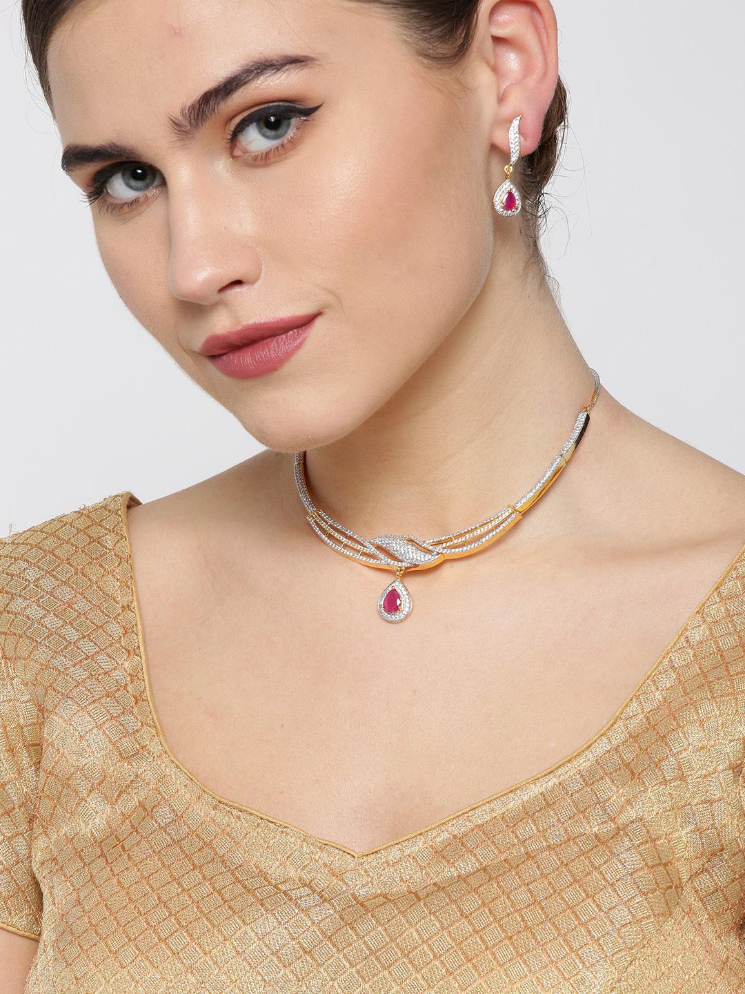 Priyaasi Women Ruby American Diamond Gold Plated Jewellery Set - Grab2buy