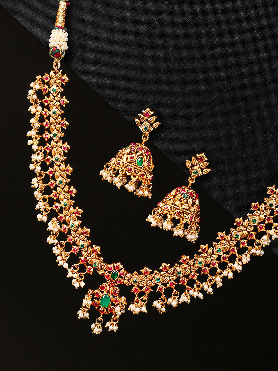 Priyaasi Women Kemp Stones Pearls Gold Plated Floral Jewellery Set - Grab2buy