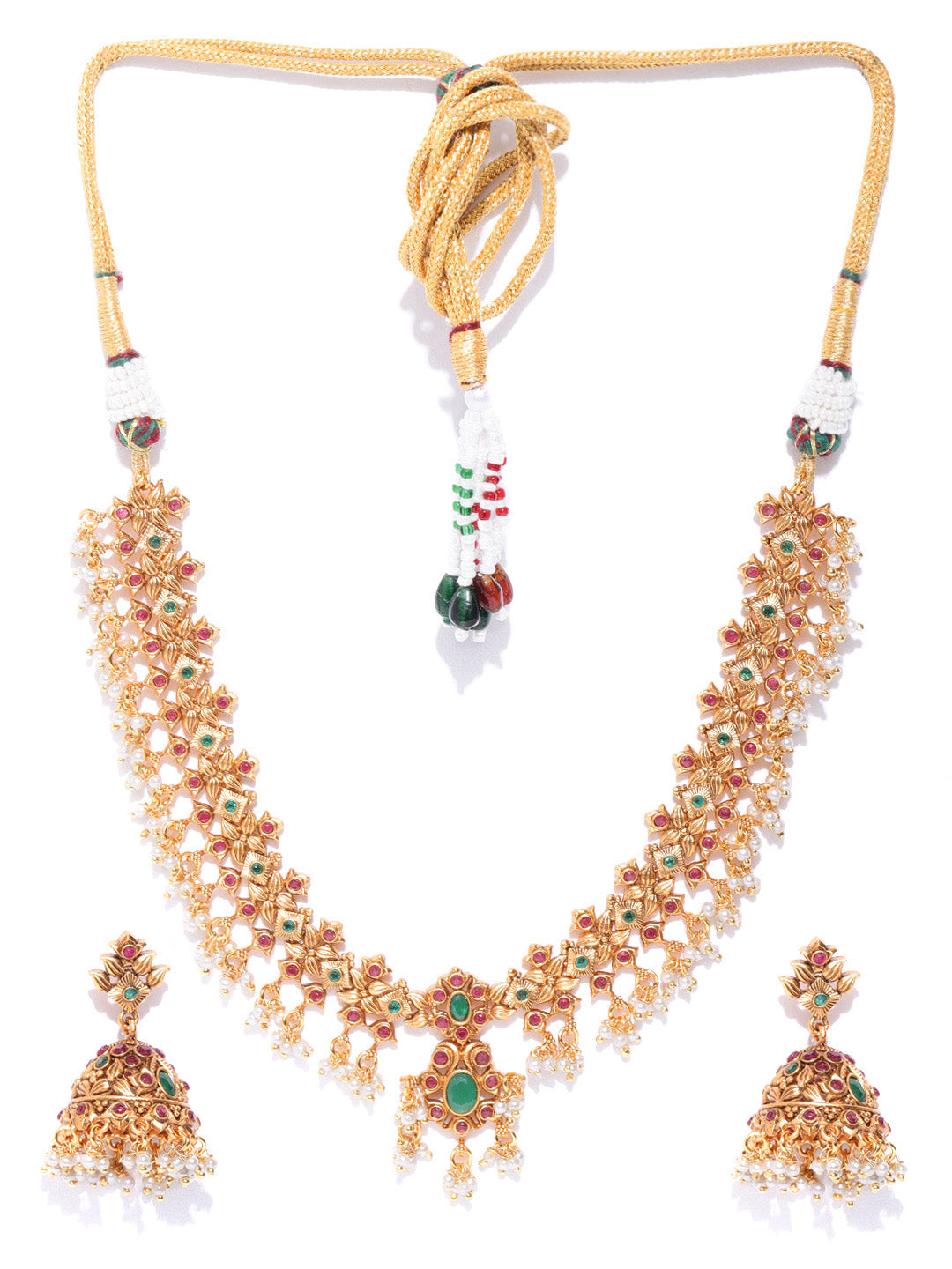 Priyaasi Women Kemp Stones Pearls Gold Plated Floral Jewellery Set - Grab2buy