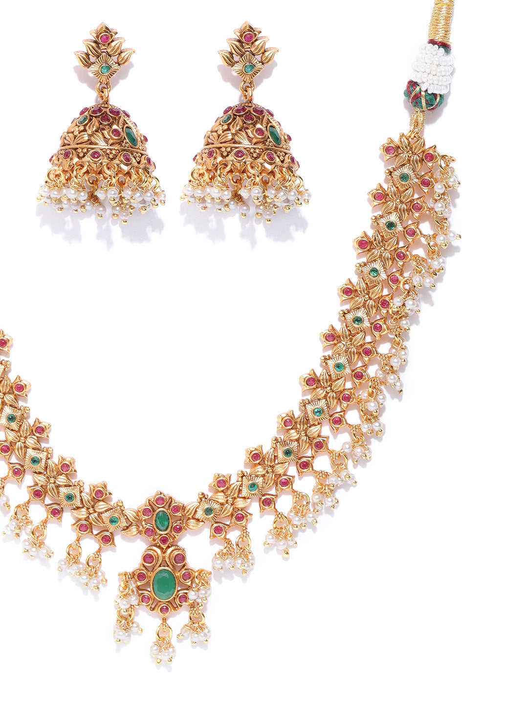 Priyaasi Women Kemp Stones Pearls Gold Plated Floral Jewellery Set - Grab2buy