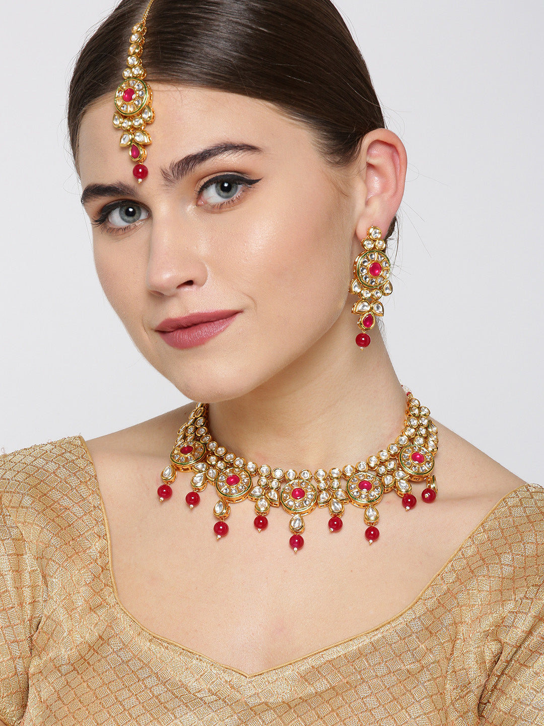Priyaasi Women Ruby Kundan Gold Plated MaangTika Jewellery Set - Grab2buy