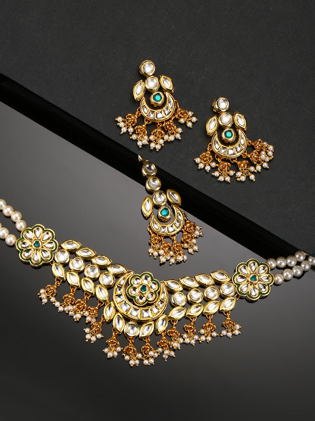Priyaasi Women Kundan Emerald Beads Gold Plated MaangTika Jewellery Set - Grab2buy