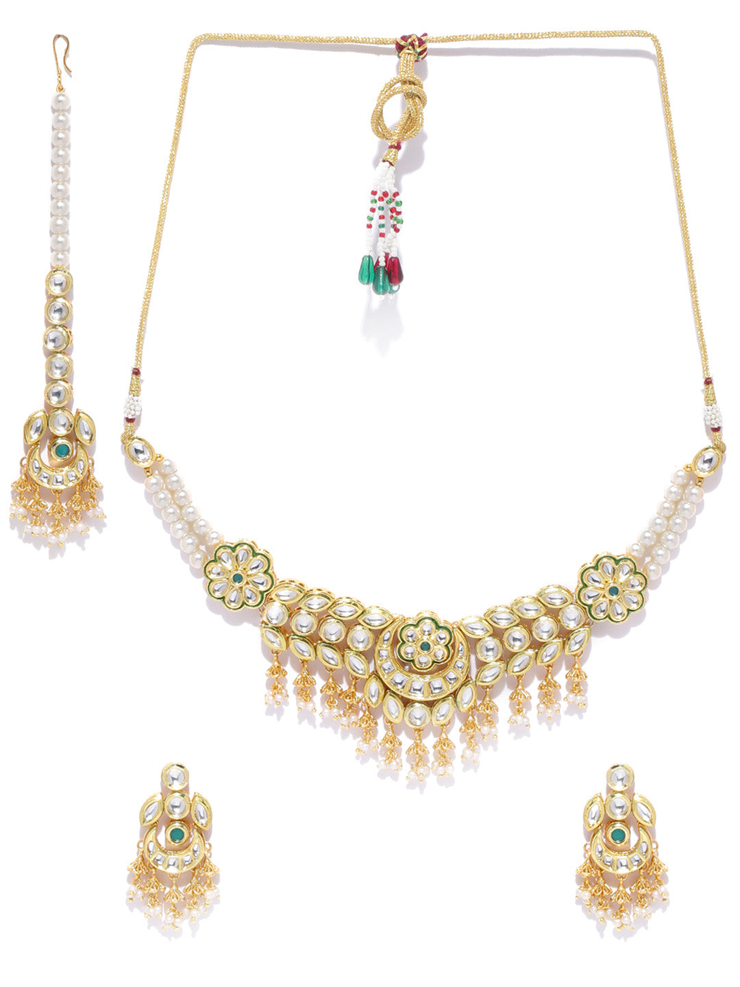 Priyaasi Women Kundan Emerald Beads Gold Plated MaangTika Jewellery Set - Grab2buy