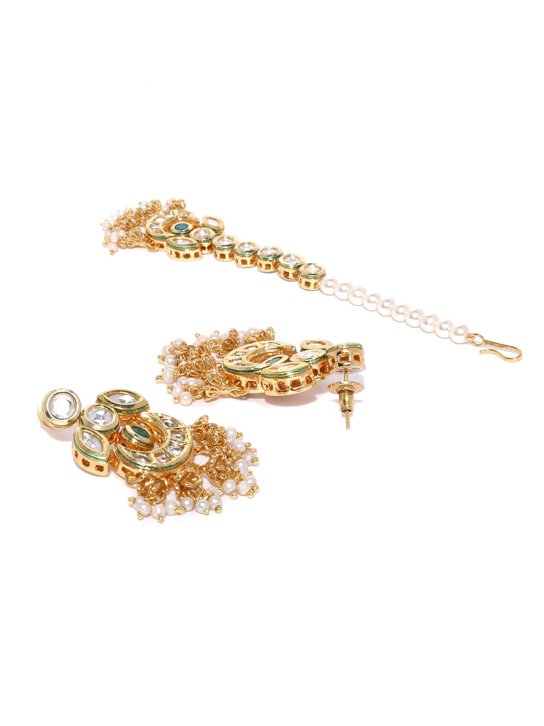 Priyaasi Women Kundan Emerald Beads Gold Plated MaangTika Jewellery Set - Grab2buy