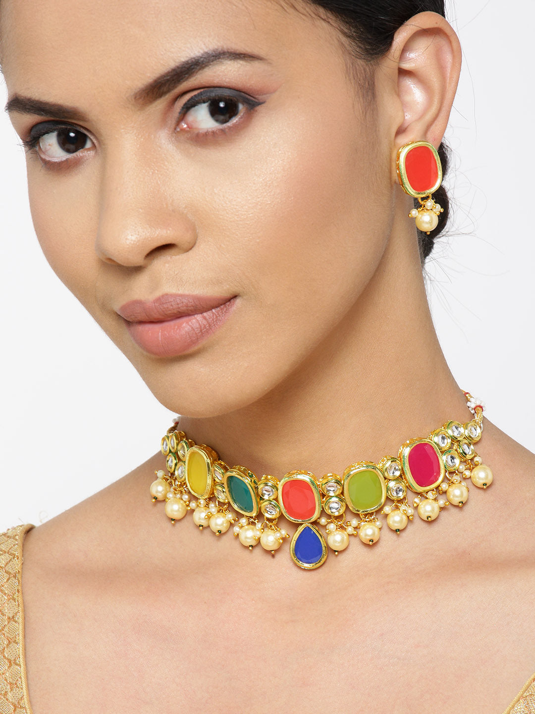 Priyaasi Women Multi-Color Stones Pearls Kundan Gold Plated Jewellery Set - Grab2buy
