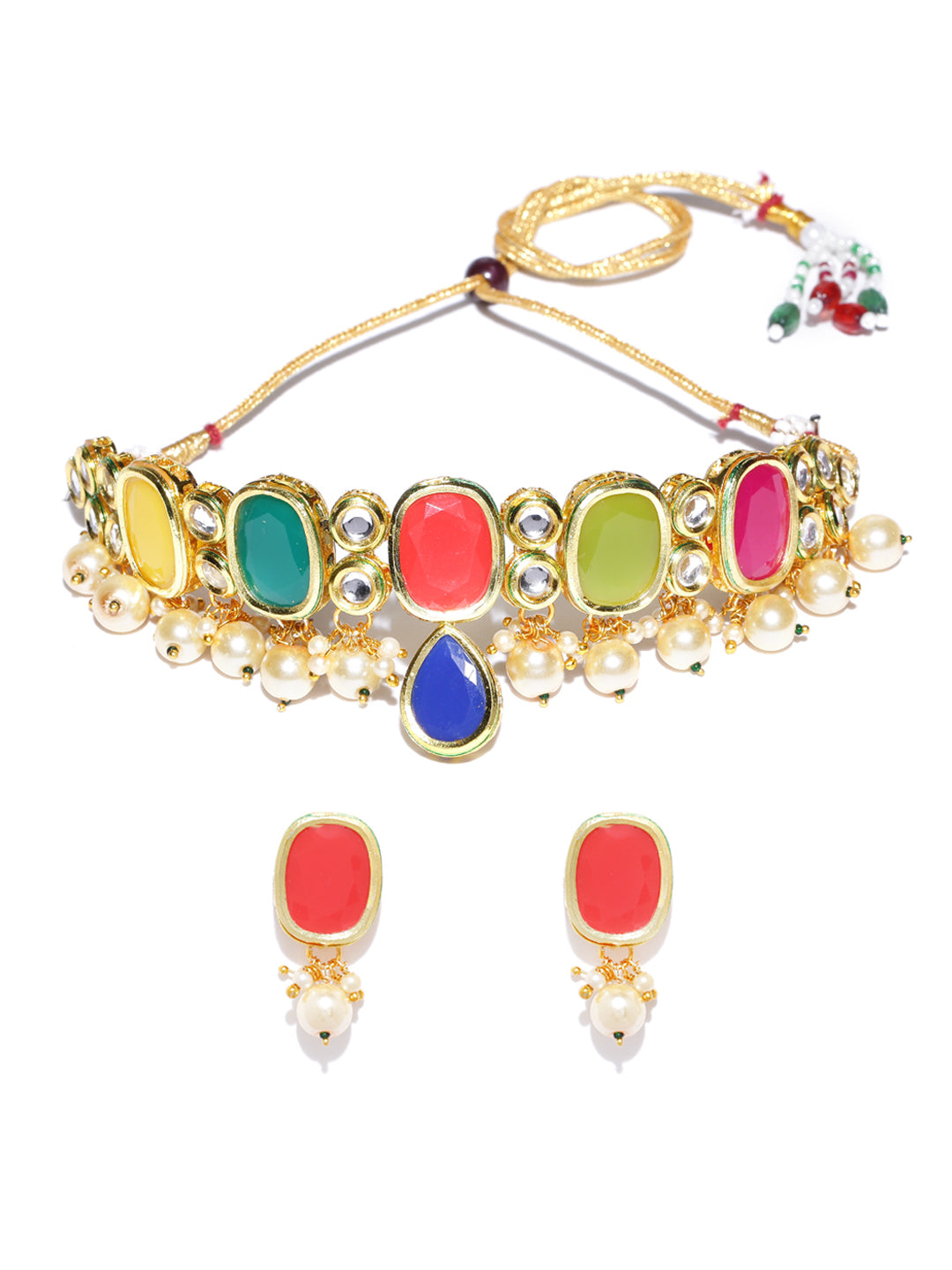 Priyaasi Women Multi-Color Stones Pearls Kundan Gold Plated Jewellery Set - Grab2buy