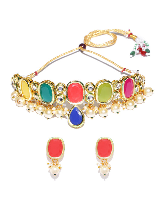 Priyaasi Women Multi-Color Stones Pearls Kundan Gold Plated Jewellery Set - Grab2buy