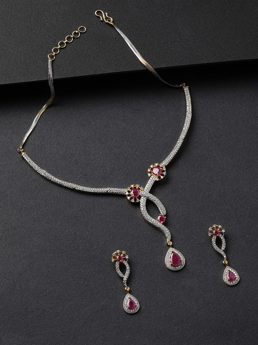 Priyaasi Women Pink Ruby American Diamond Gold Plated Jewellery Set - Grab2buy