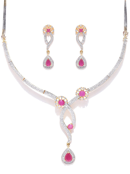 Priyaasi Women Pink Ruby American Diamond Gold Plated Jewellery Set - Grab2buy