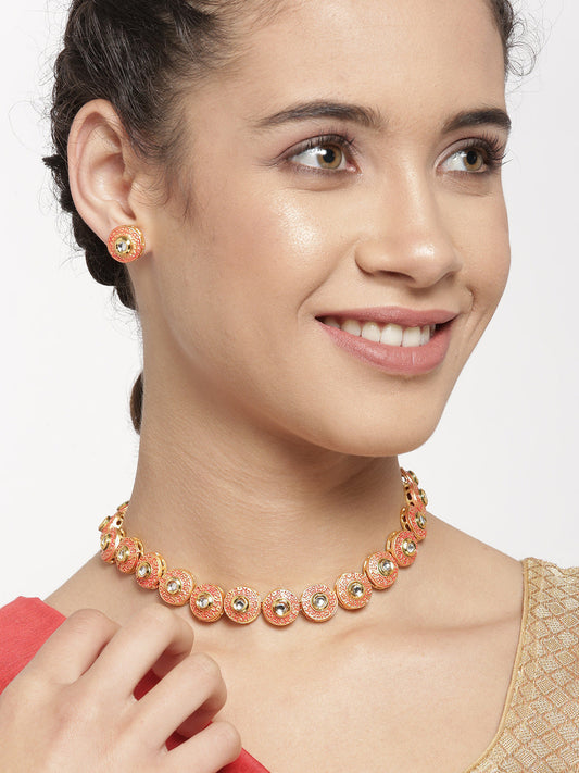 Priyaasi Women Orange Kundan Gold Plated Jewellery Set - Grab2buy