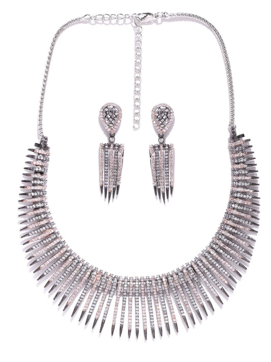 Priyaasi Women Black American Diamond Rhodium Plated Linear Jewellery Set - Grab2buy