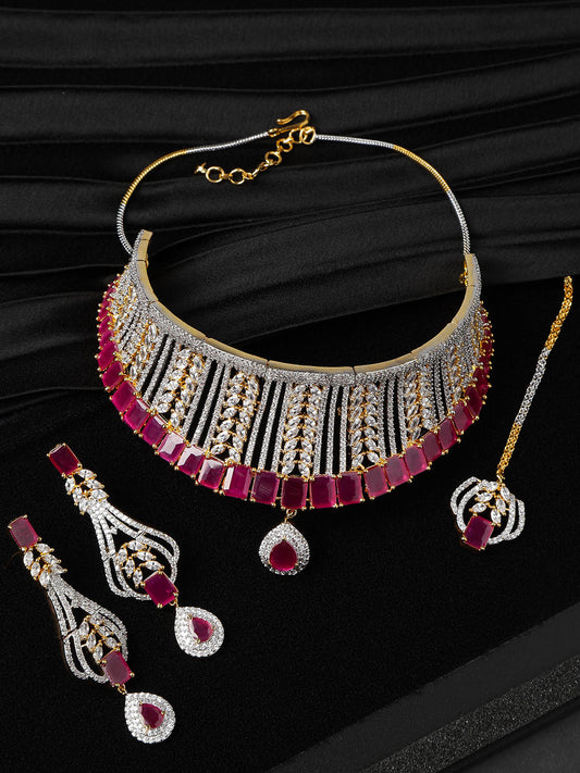 Priyaasi Women Pink Ruby American Diamond MaangTikka Jewellery Set - Grab2buy