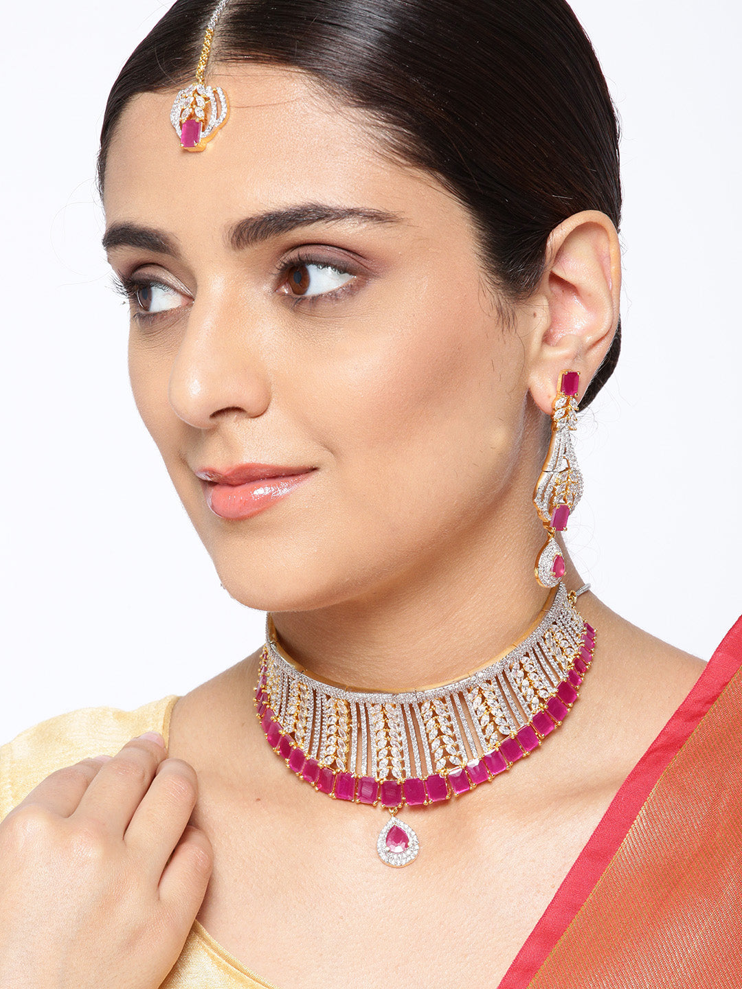 Priyaasi Women Pink Ruby American Diamond MaangTikka Jewellery Set - Grab2buy