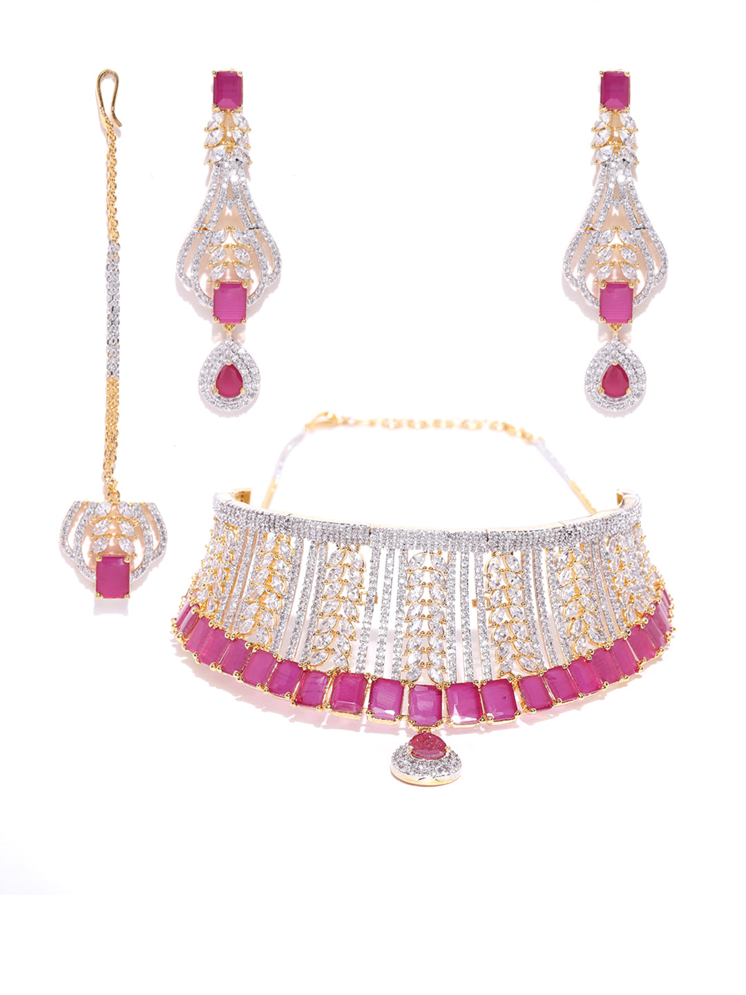 Priyaasi Women Pink Ruby American Diamond MaangTikka Jewellery Set - Grab2buy