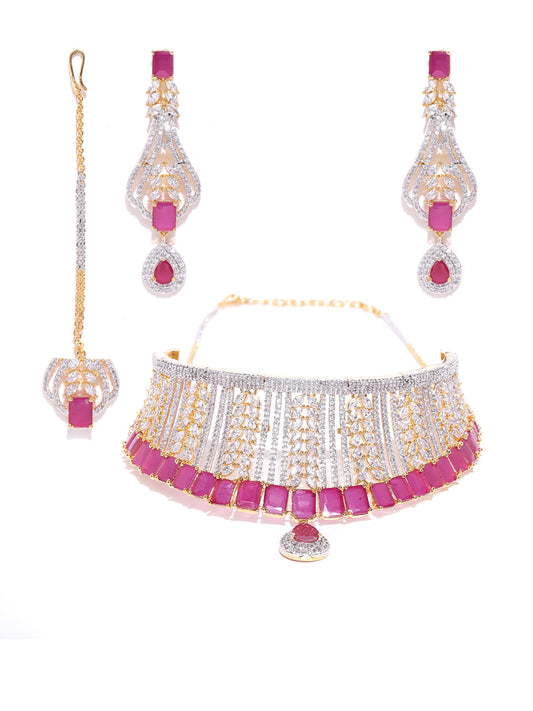 Priyaasi Women Pink Ruby American Diamond MaangTikka Jewellery Set - Grab2buy