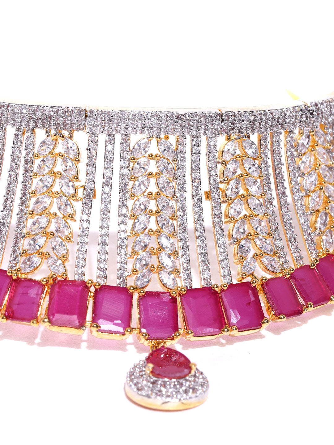 Priyaasi Women Pink Ruby American Diamond MaangTikka Jewellery Set - Grab2buy