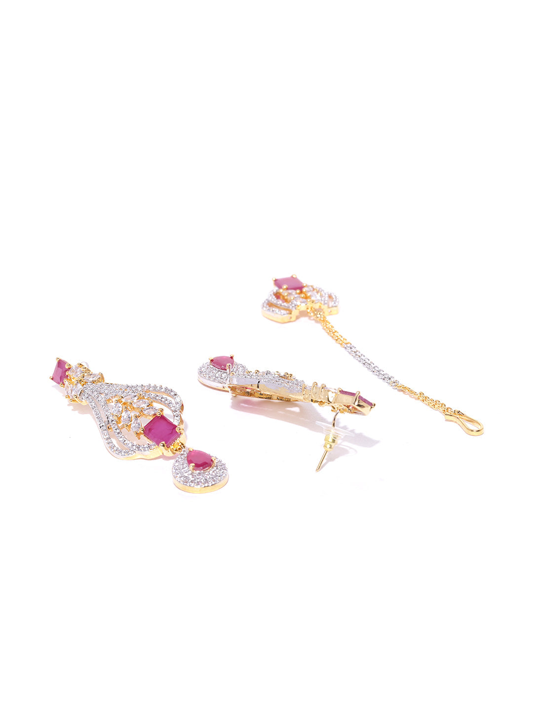 Priyaasi Women Pink Ruby American Diamond MaangTikka Jewellery Set - Grab2buy