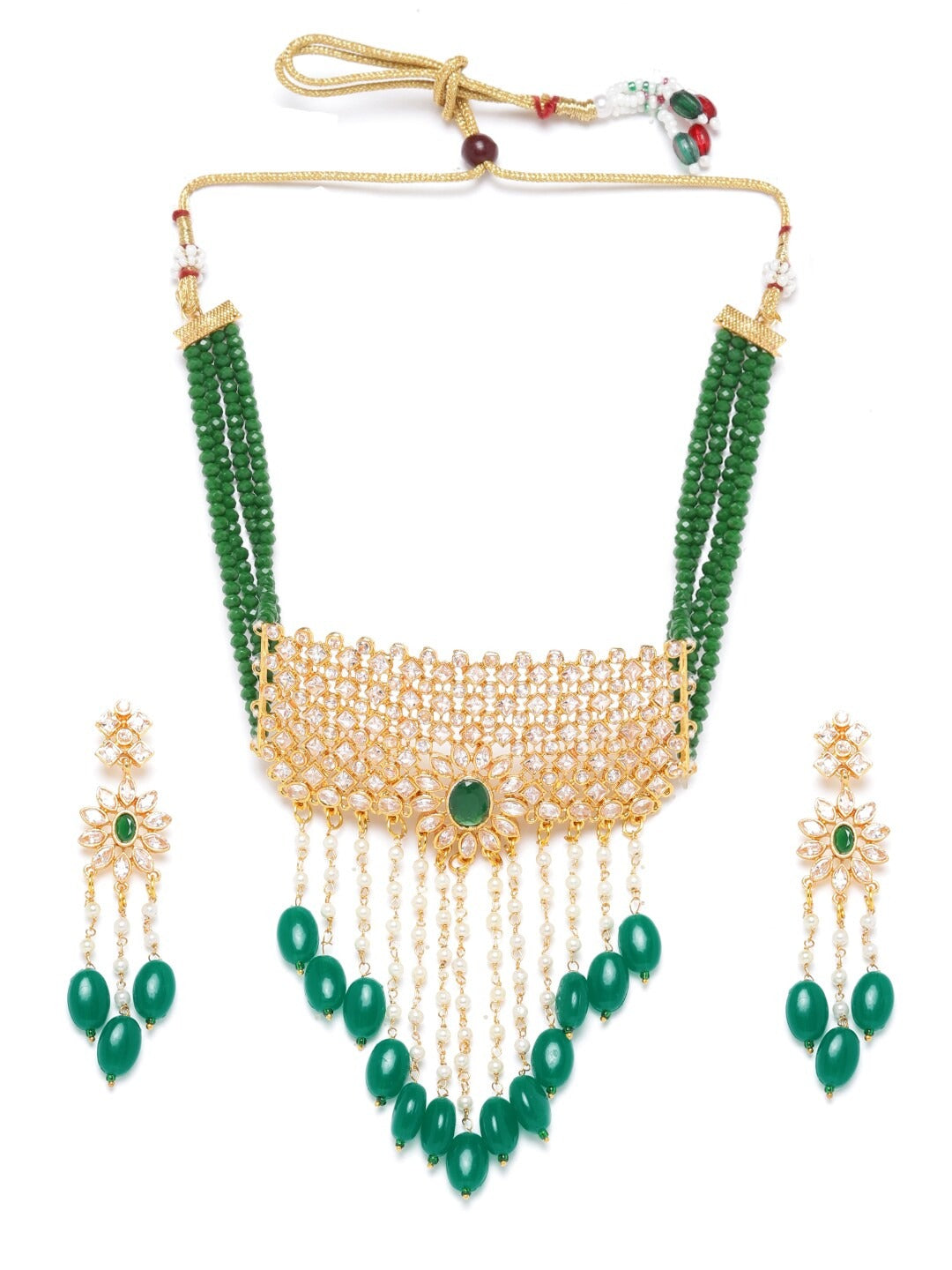 Priyaasi Women Green Beads Kundan Emerald Gold Plated Jewellery Set - Grab2buy