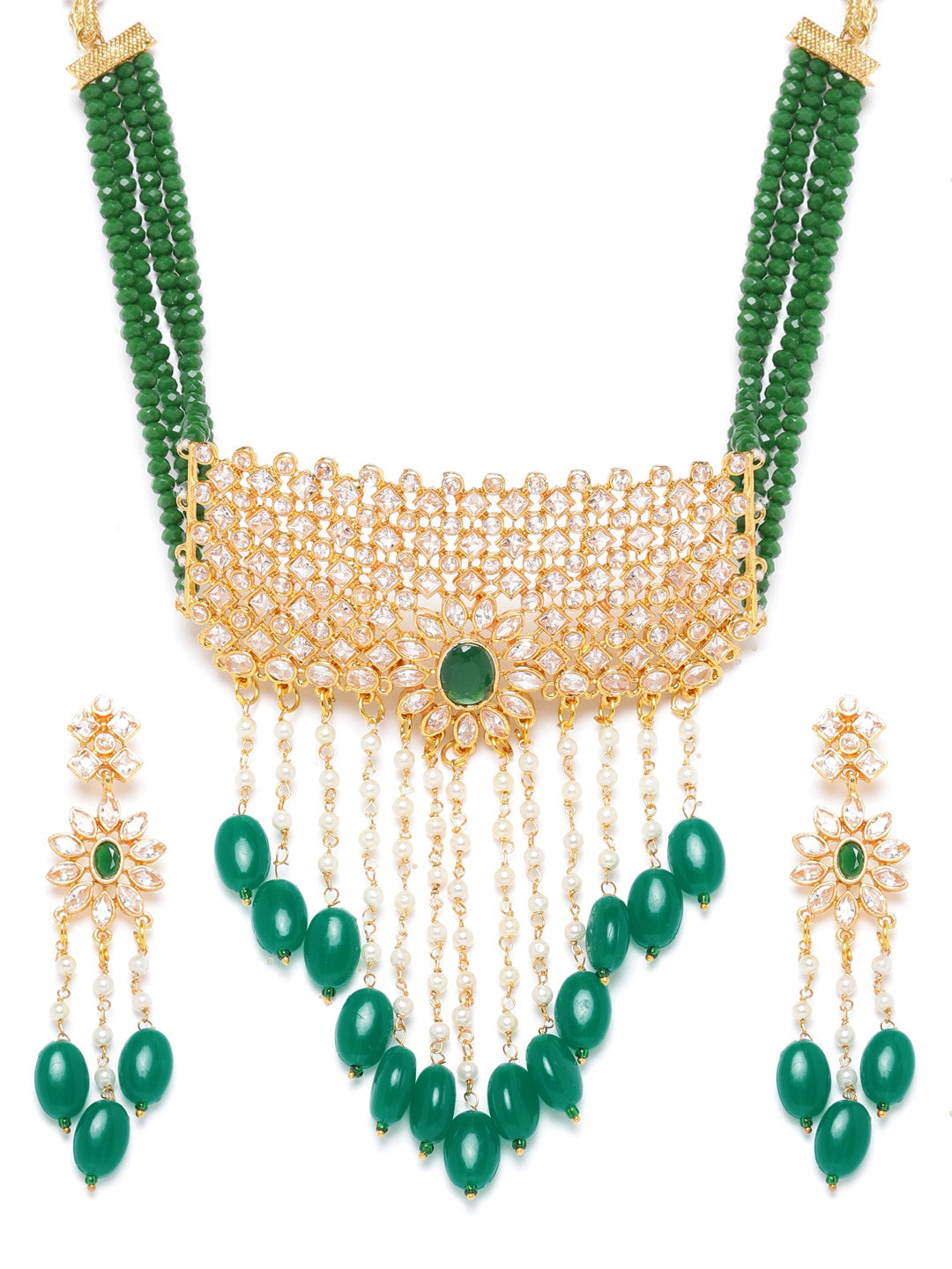 Priyaasi Women Green Beads Kundan Emerald Gold Plated Jewellery Set - Grab2buy