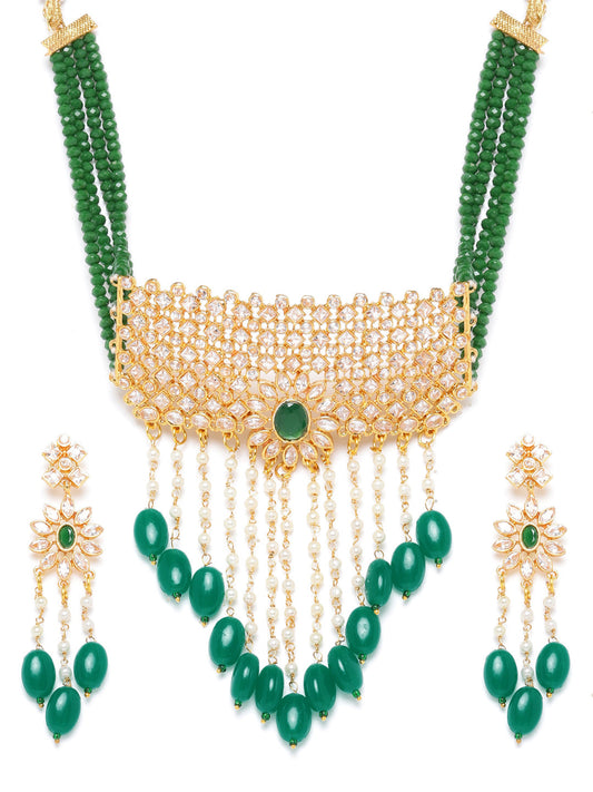 Priyaasi Women Green Beads Kundan Emerald Gold Plated Jewellery Set - Grab2buy