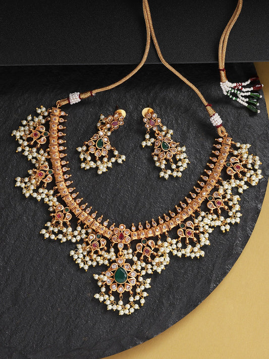 Priyaasi Women Ruby Emerald Kundan Beads Gold Plated Jewellery Set - Grab2buy