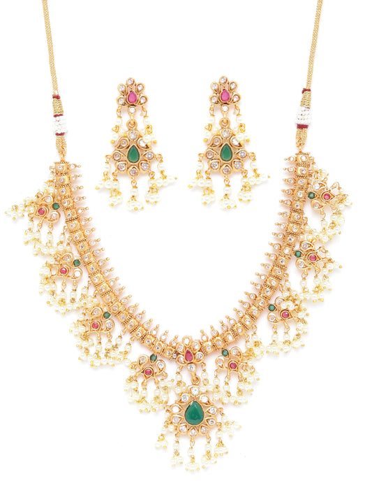 Priyaasi Women Ruby Emerald Kundan Beads Gold Plated Jewellery Set - Grab2buy