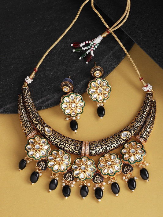 Priyaasi Women Black Beaded Kundan Gold Plated Floral Jewellery Set - Grab2buy