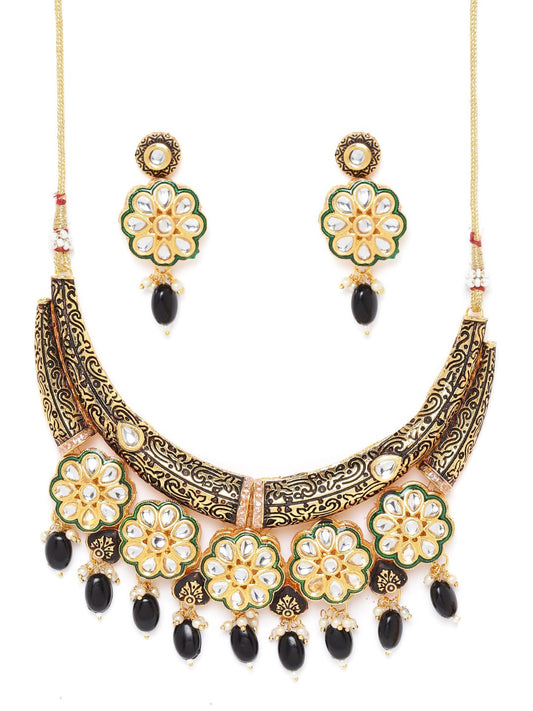 Priyaasi Women Black Beaded Kundan Gold Plated Floral Jewellery Set - Grab2buy