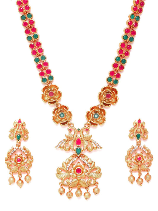 Priyaasi Women Ruby Emerald Beads Gold Plated Floral Peacock Jewellery Set - Grab2buy