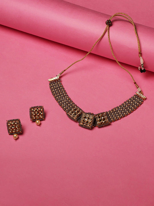 Priyaasi Women Grey Beads Kundan Pearls Gold Plated Jewellery Set - Grab2buy