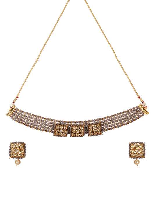 Priyaasi Women Grey Beads Kundan Pearls Gold Plated Jewellery Set - Grab2buy