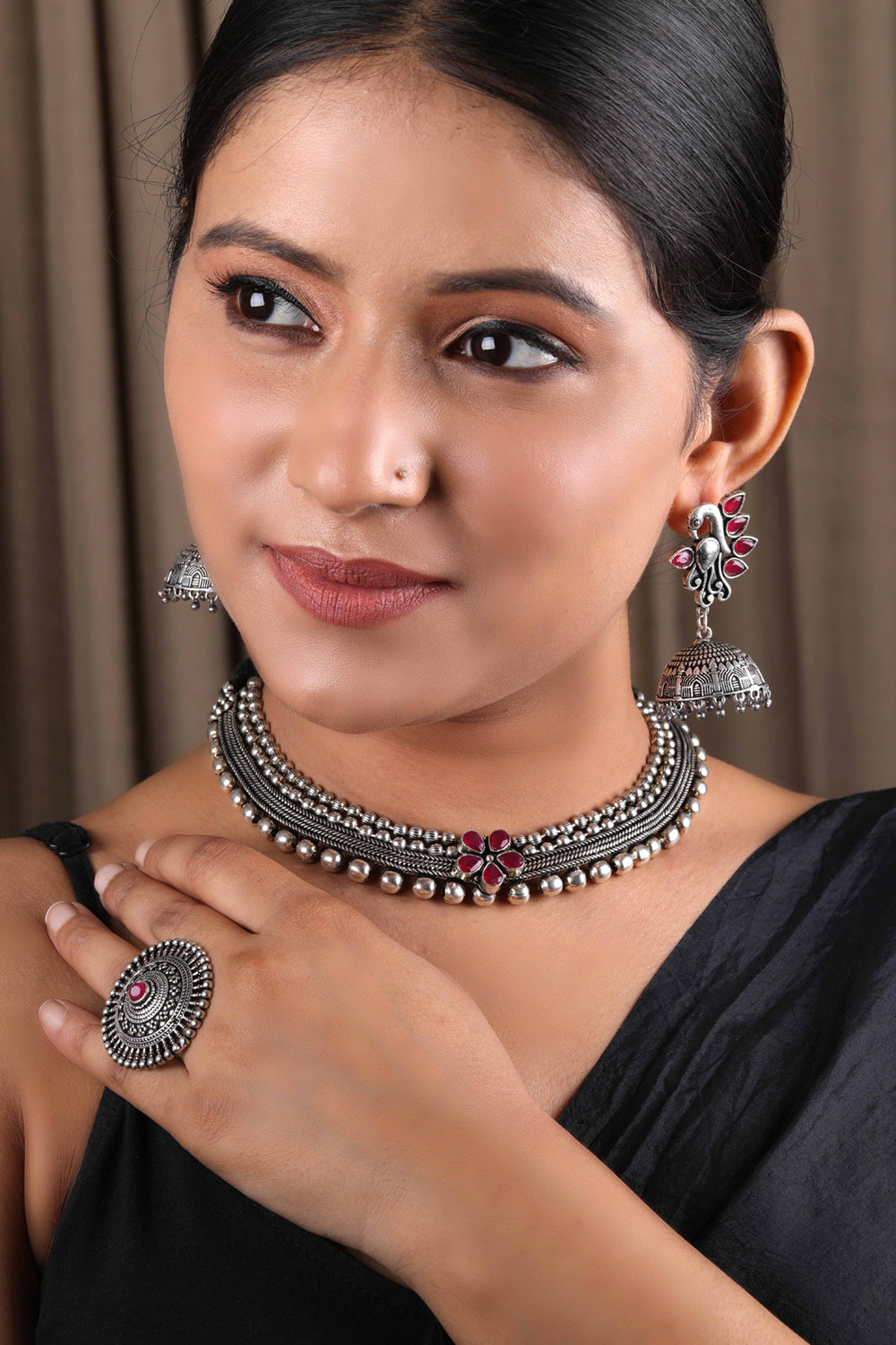 Priyaasi Women Ruby German Silver Oxidised Peacock Jewellery Set & Ring - Grab2buy