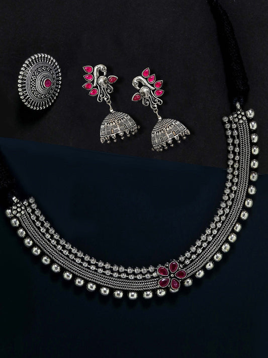 Priyaasi Women Ruby German Silver Oxidised Peacock Jewellery Set & Ring - Grab2buy