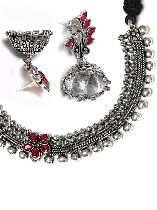 Priyaasi Women Ruby German Silver Oxidised Peacock Jewellery Set & Ring - Grab2buy