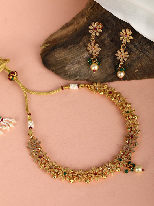 Priyaasi Women Ruby Emerald Stones Pearls Gold Plated Floral Jewellery Set - Grab2buy