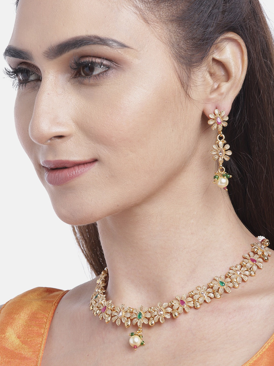 Priyaasi Women Ruby Emerald Stones Pearls Gold Plated Floral Jewellery Set - Grab2buy