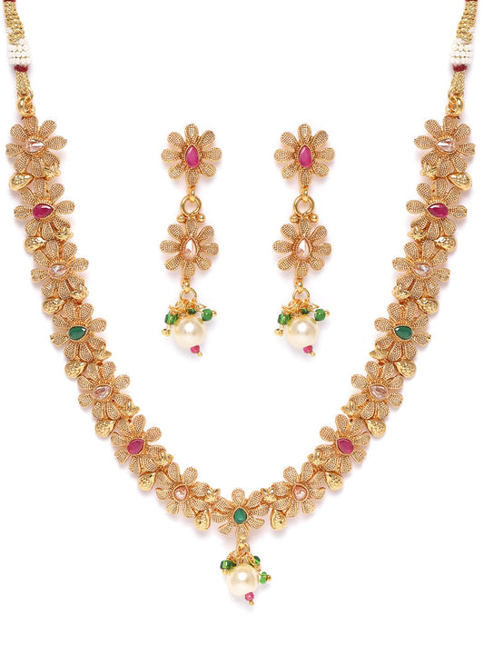 Priyaasi Women Ruby Emerald Stones Pearls Gold Plated Floral Jewellery Set - Grab2buy