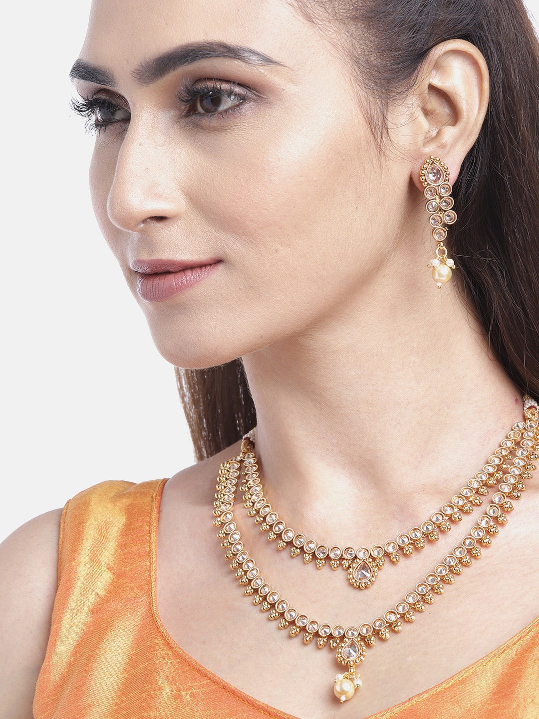 Priyaasi Women Kundan Pearls Beads Gold Plated Layered Jewellery Set - Grab2buy