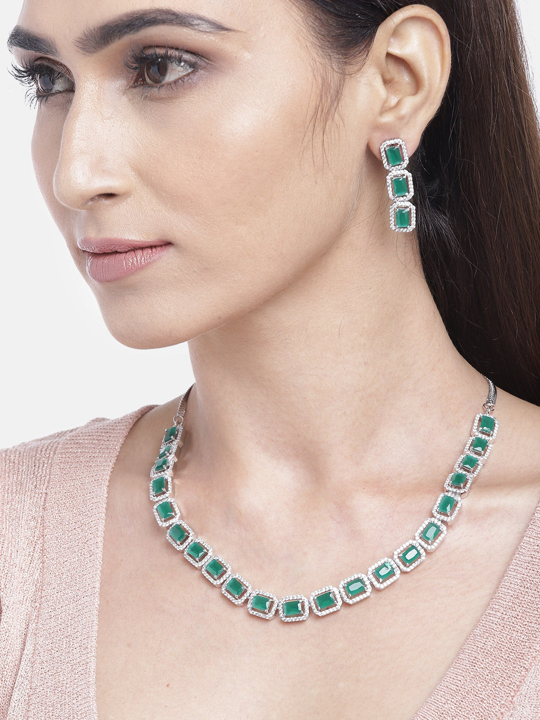Priyaasi Women Emerald Delight - Green American Diamond Jewellery Set - Grab2buy