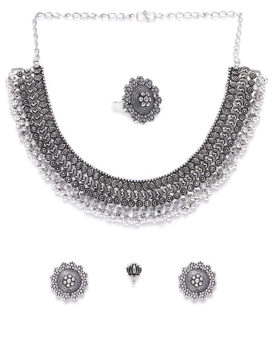 Priyaasi Women German Silver Oxidised Ghungroo Jewellery Set With Ring & Nosepin - Grab2buy