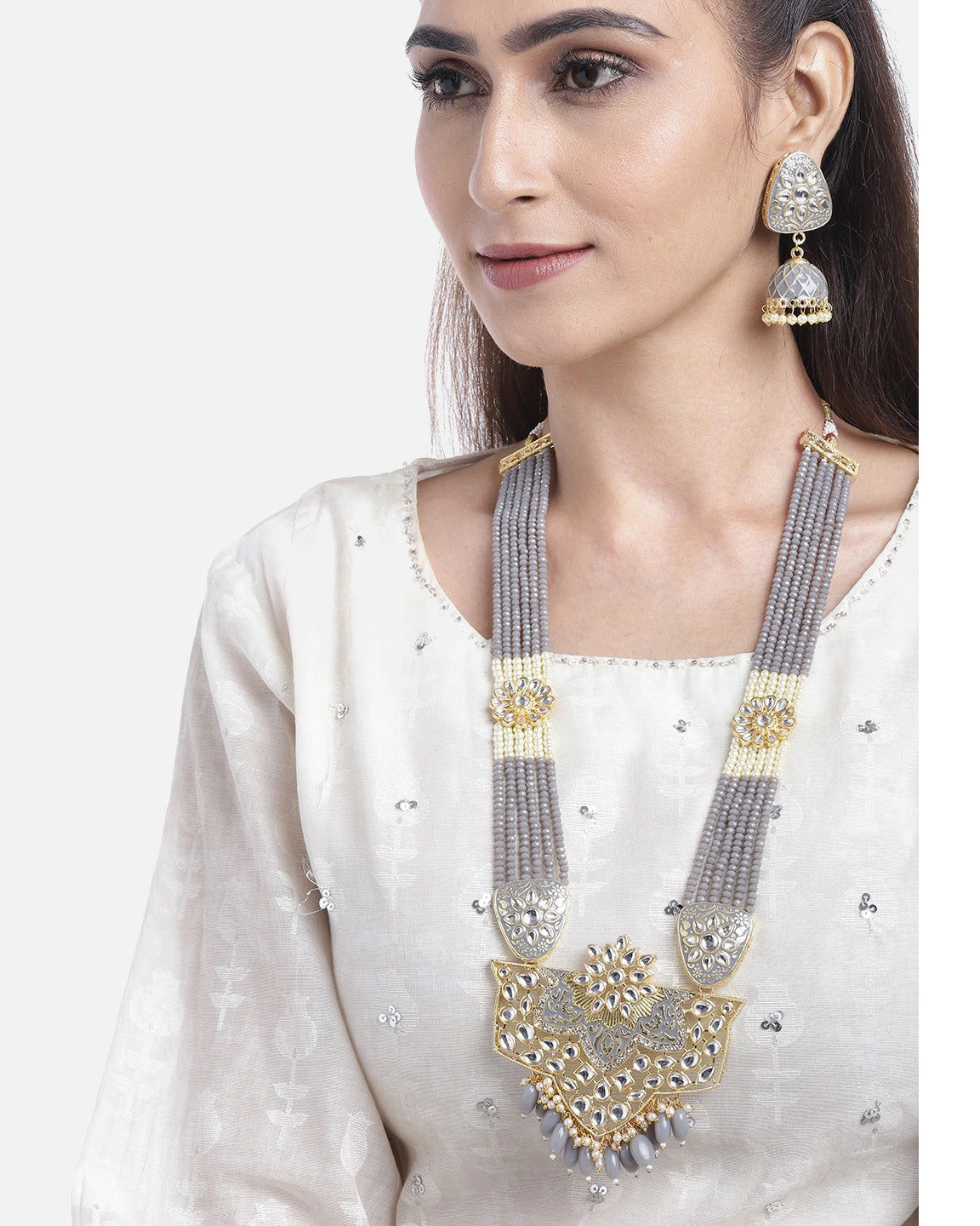 Priyaasi Women Grey Pearls Beads Kundan Gold Plated Ranihaar Jewellery Set - Grab2buy