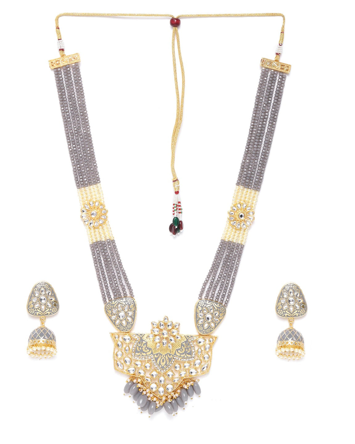Priyaasi Women Grey Pearls Beads Kundan Gold Plated Ranihaar Jewellery Set - Grab2buy