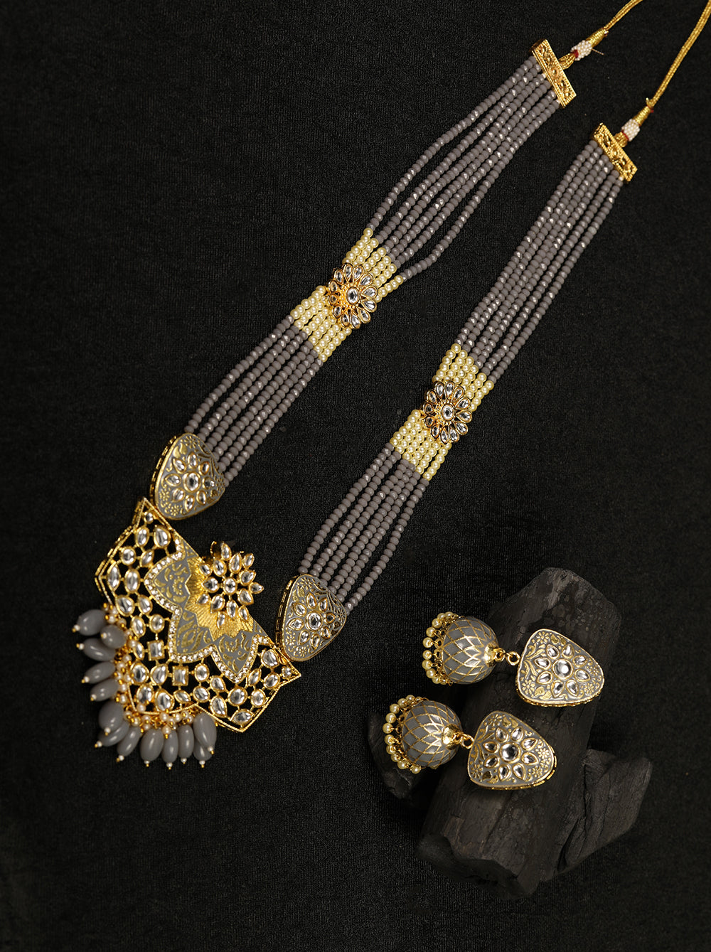 Priyaasi Women Grey Pearls Beads Kundan Gold Plated Ranihaar Jewellery Set - Grab2buy