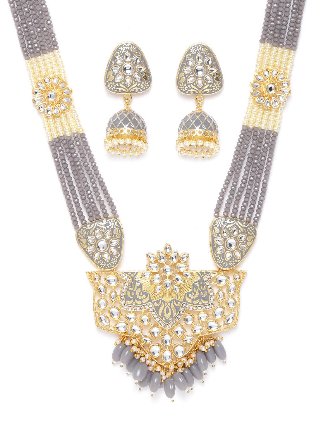 Priyaasi Women Grey Pearls Beads Kundan Gold Plated Ranihaar Jewellery Set - Grab2buy